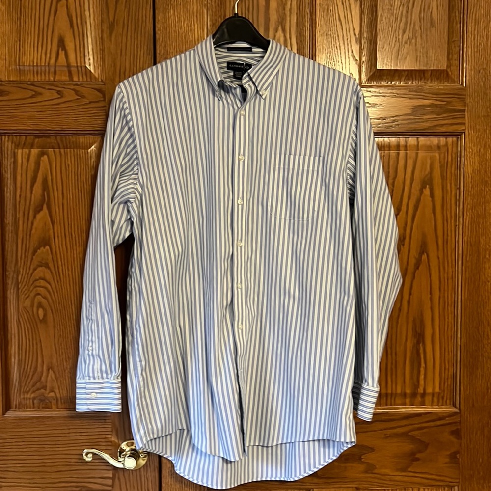 Land’ End blue and white No Iron pinpoint Oxford striped shirt
